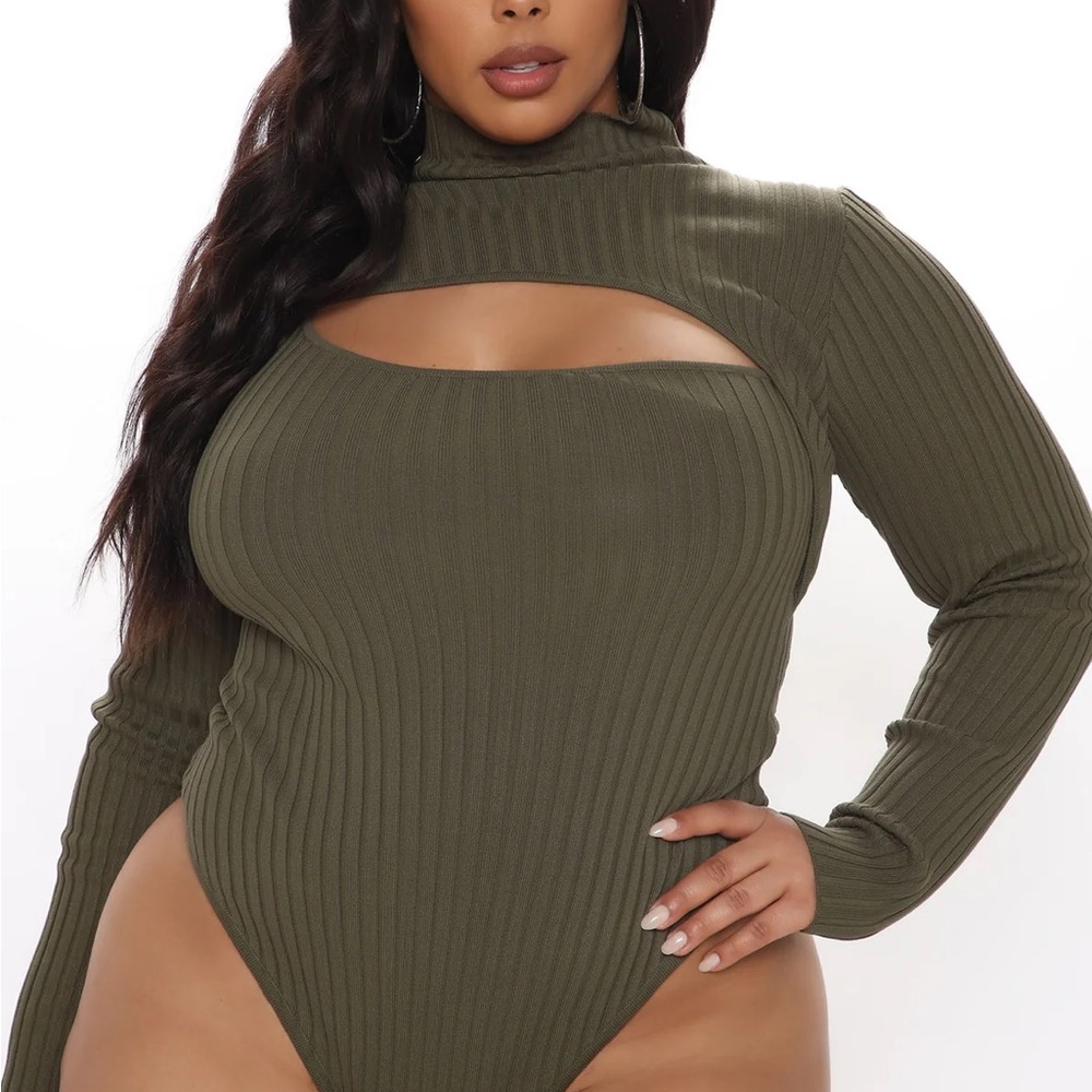 Fashion Nova Olive Ribbed Long Sleeve Cutout Bodysuit